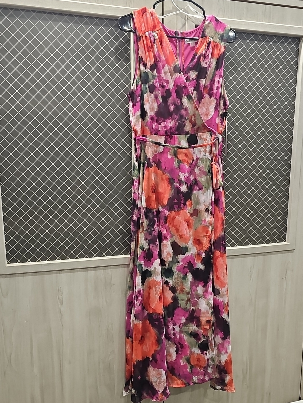 Calvin Klein Floral Wrap Maxi Dress in Pink, Orange and Purple